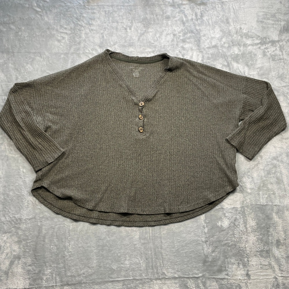 American Eagle Womens Soft Plush Waffle Knit Henley Top Olive Green XL Plus